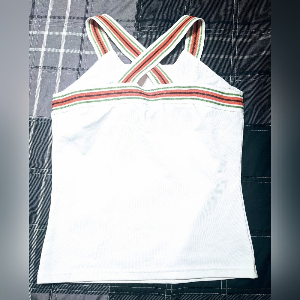 Athleta White Athletic Tank Top with Striped Criss Cross Straps sz S - Picture 9 of 9
